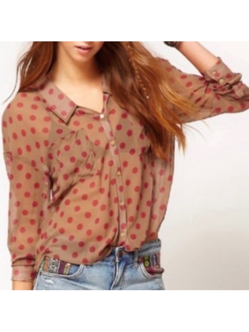 Free People Tan Blouse with Red Polka Dots